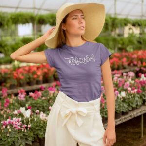 AwakeNAware.com-Awake-&-Aware-Girl-Posing-In-Front-of-Flowers-Wearing-Transcending-Goddess-TShirt