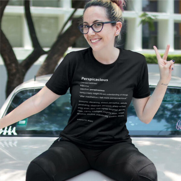 AwakeNAware.com-Awake-&-Aware-Girl-Sitting-on-car-wearing-Perspicacious-Words-of-Wisdom-TShirt