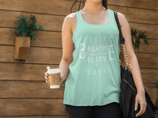 AwakeNAware.com Awake & Aware - Women Holding Coffee Cup Wearing Mint Colored Just Be Multi Message Tank Top (1)