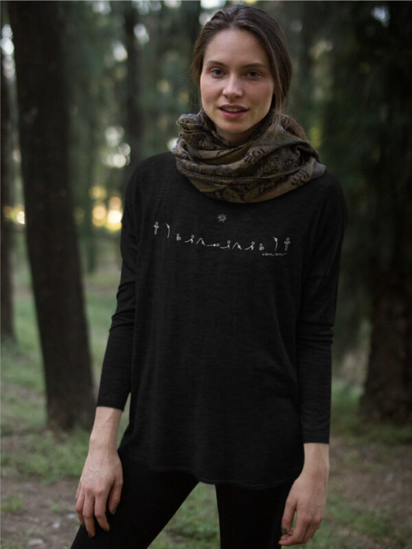 AwakenAware.com-Awake-&-Aware-Sun-Salutation-girl-wearing-a-bella-flowie-canvas-long-sleeve-tee-mockup-in-the-woods-a17921