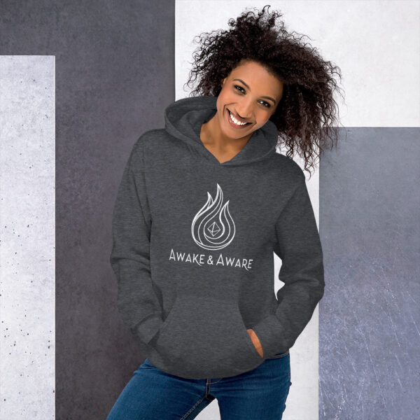 AwakenAware.com-Awake--Aware-Unisex-Hoodie_mockup_Front_Womens-Lifestyle_Dark-Heather