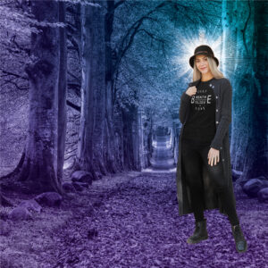 AwakeNAware.com-Awake-&-Aware-Just-Be-Tee-Women-on-Road-covered-with-leaves-in-the-forest
