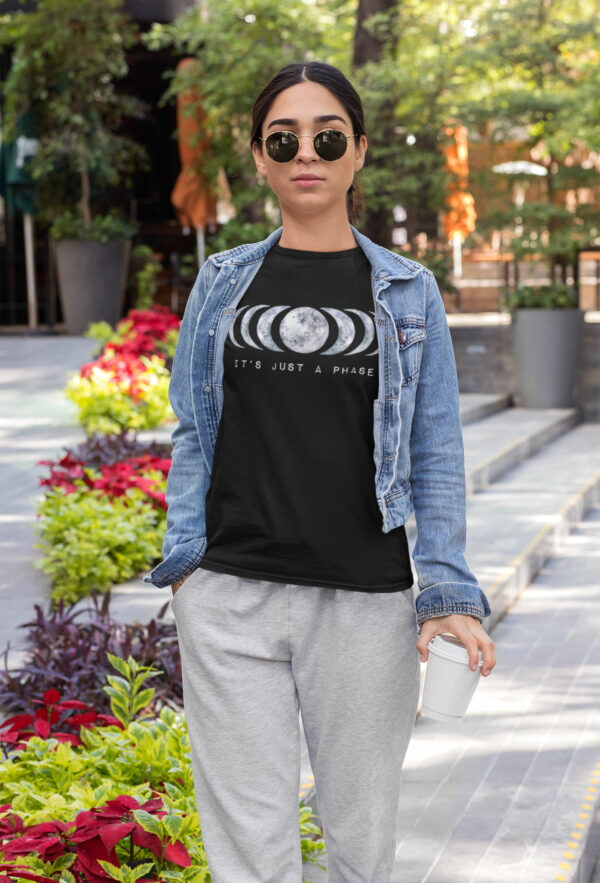 Awake-&-Aware-awakenaware.com-@awakenawareinc-Women-Wearing---Its-Just-a-Phase-Moon-Tee